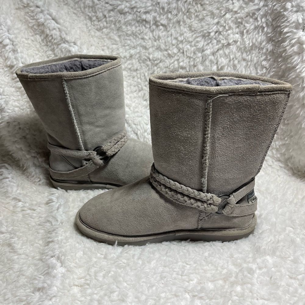 BearPaw Adelaide leather suede gray slip on boots wool blend lining Size 10
